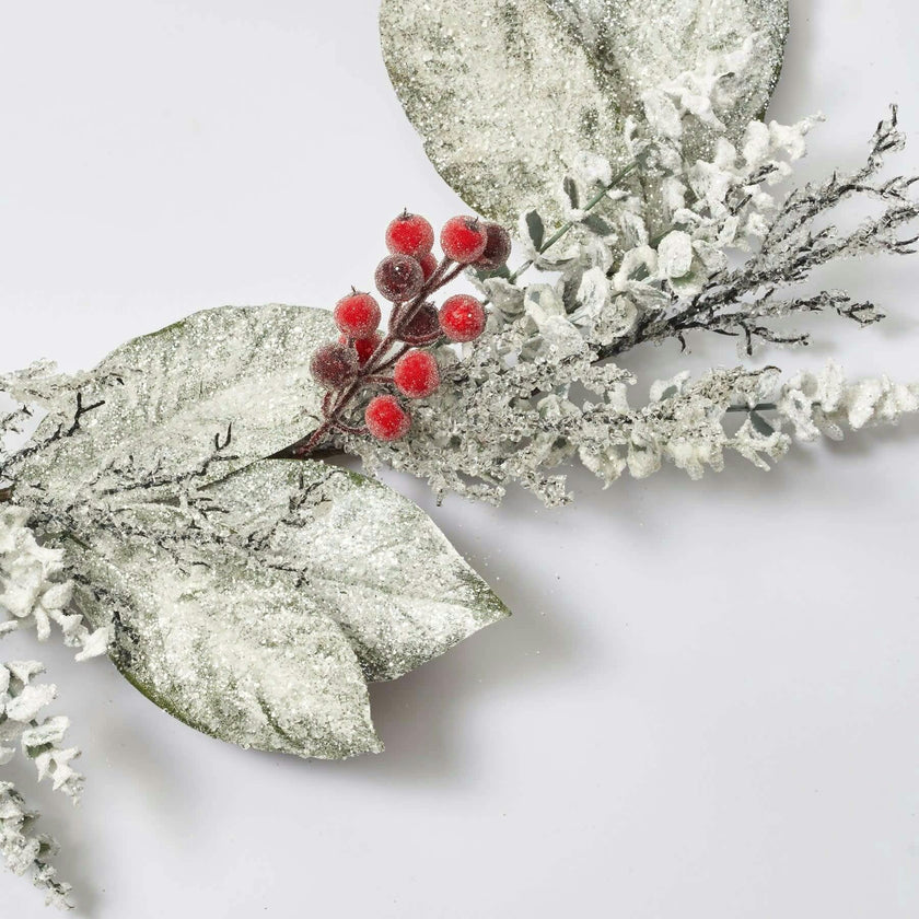 Snow Covered Magnolia Leaf & Eucalyptus with Sugar Berry Iced Seed Pods Christmas Garland Holiday Table Runner