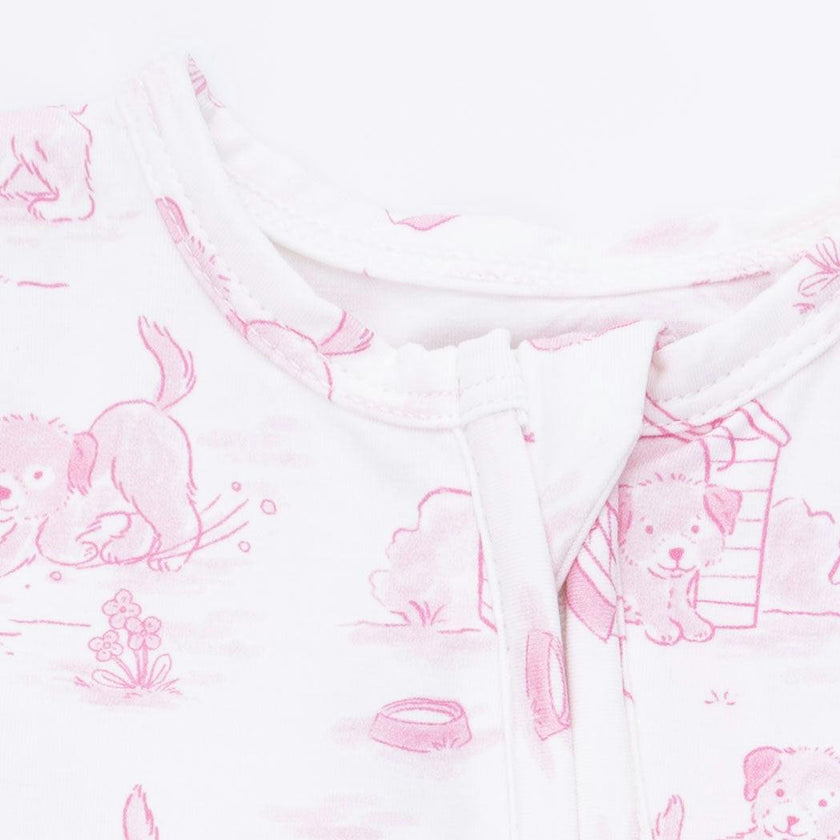 Puppy Toile Pink - 2 Way Ruffle Back Zipper Footie with Bandana Bib, and Swaddle Blanket Set