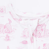 Puppy Toile Pink - 2 Way Ruffle Back Zipper Footie with Bandana Bib, and Swaddle Blanket Set