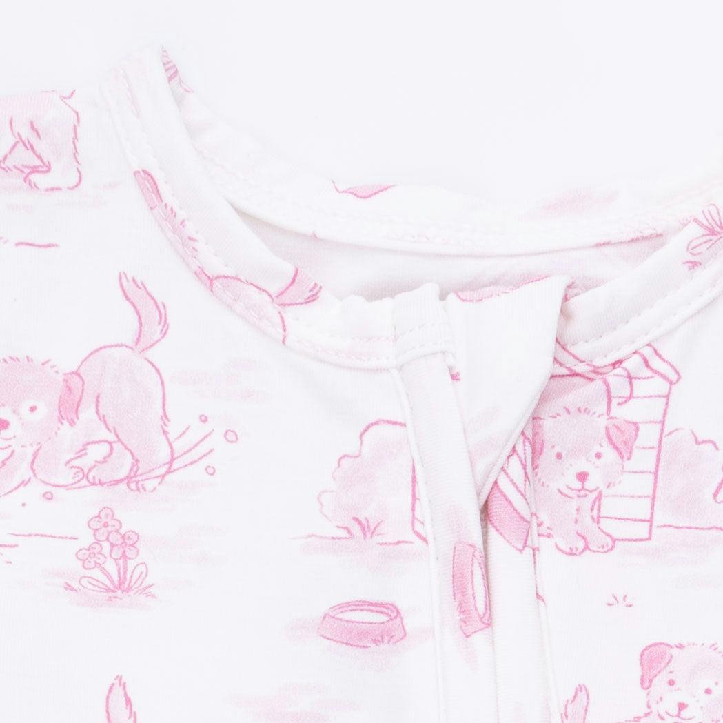 Puppy Toile Pink - 2 Way Ruffle Back Zipper Footie with Bandana Bib, and Swaddle Blanket Set