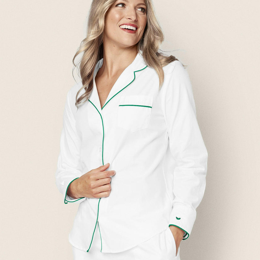 Women's Twill Pajama Set in White with Green Piping
