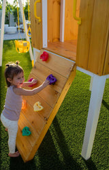 Forest | Modern Wooden Swing Set with Playhouse, Slide and Rock Wall
