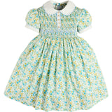 Louisa Floral Hand Smocked Short Sleeve Dress in Blue (18mths- 10yrs)