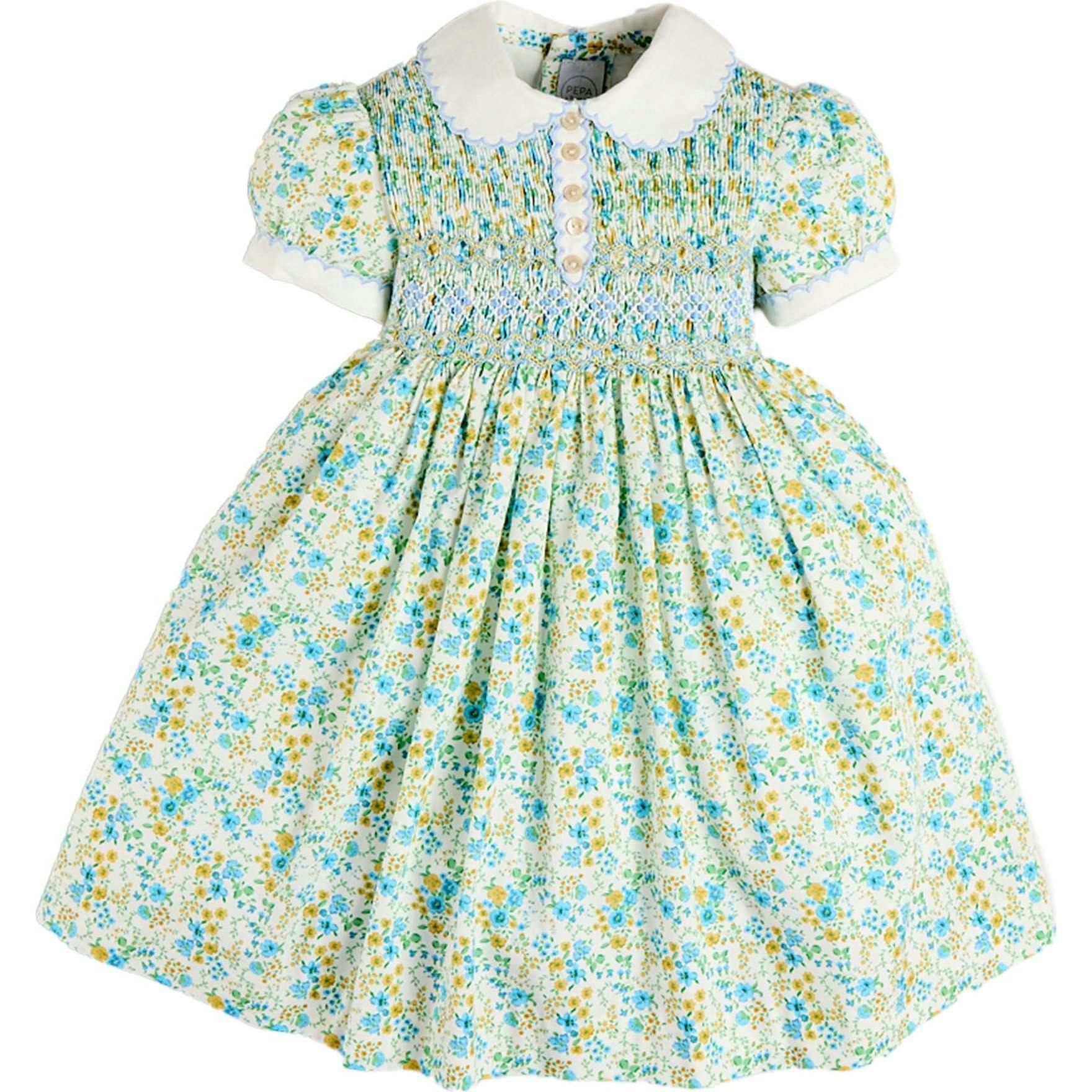 Louisa Floral Hand Smocked Short Sleeve Dress in Blue (18mths- 10yrs)