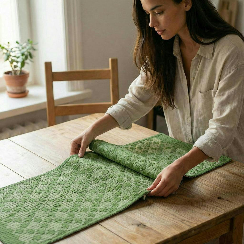 Artisan Hand Loomed Cotton Table Runner - Green Ginkgo - 18"x96" Arcadia Home
