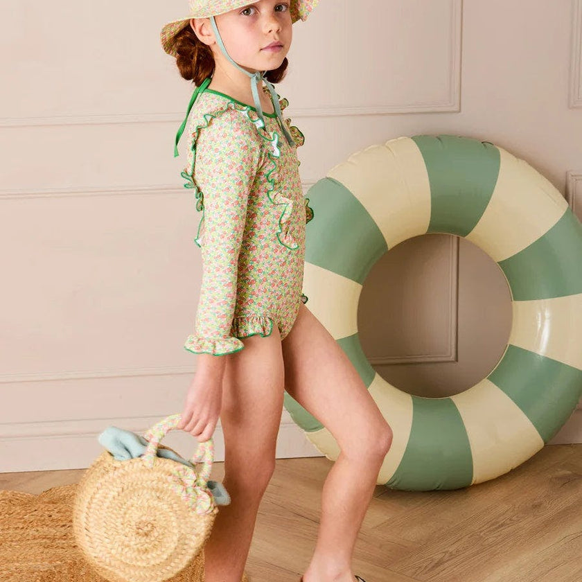 Annie Apple Print Ruffle Detail Long Sleeve Swimsuit in Green (12mths- 10yrs)