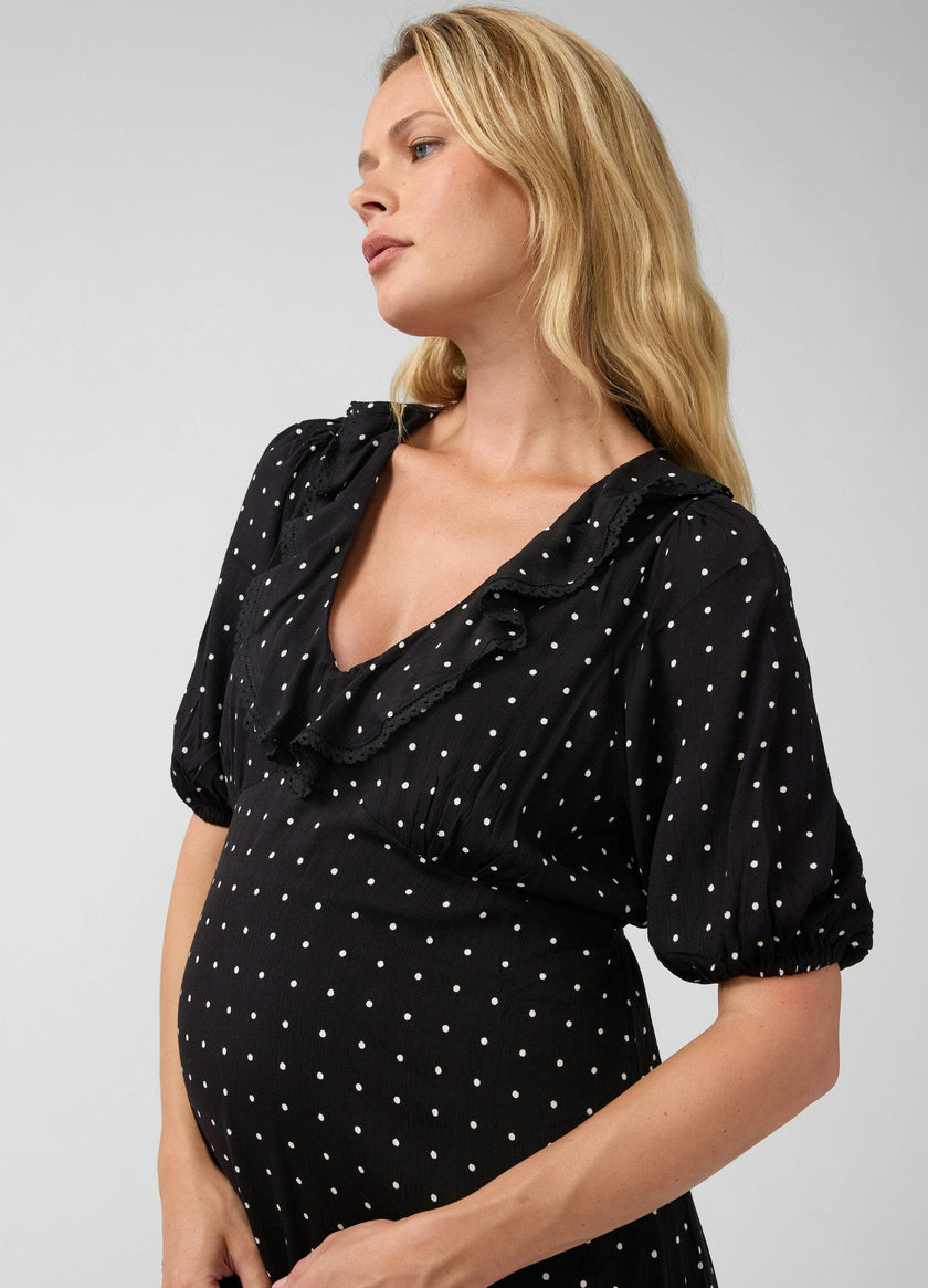 Polka Dot V-Neck Ruffle Maternity Midi Dress