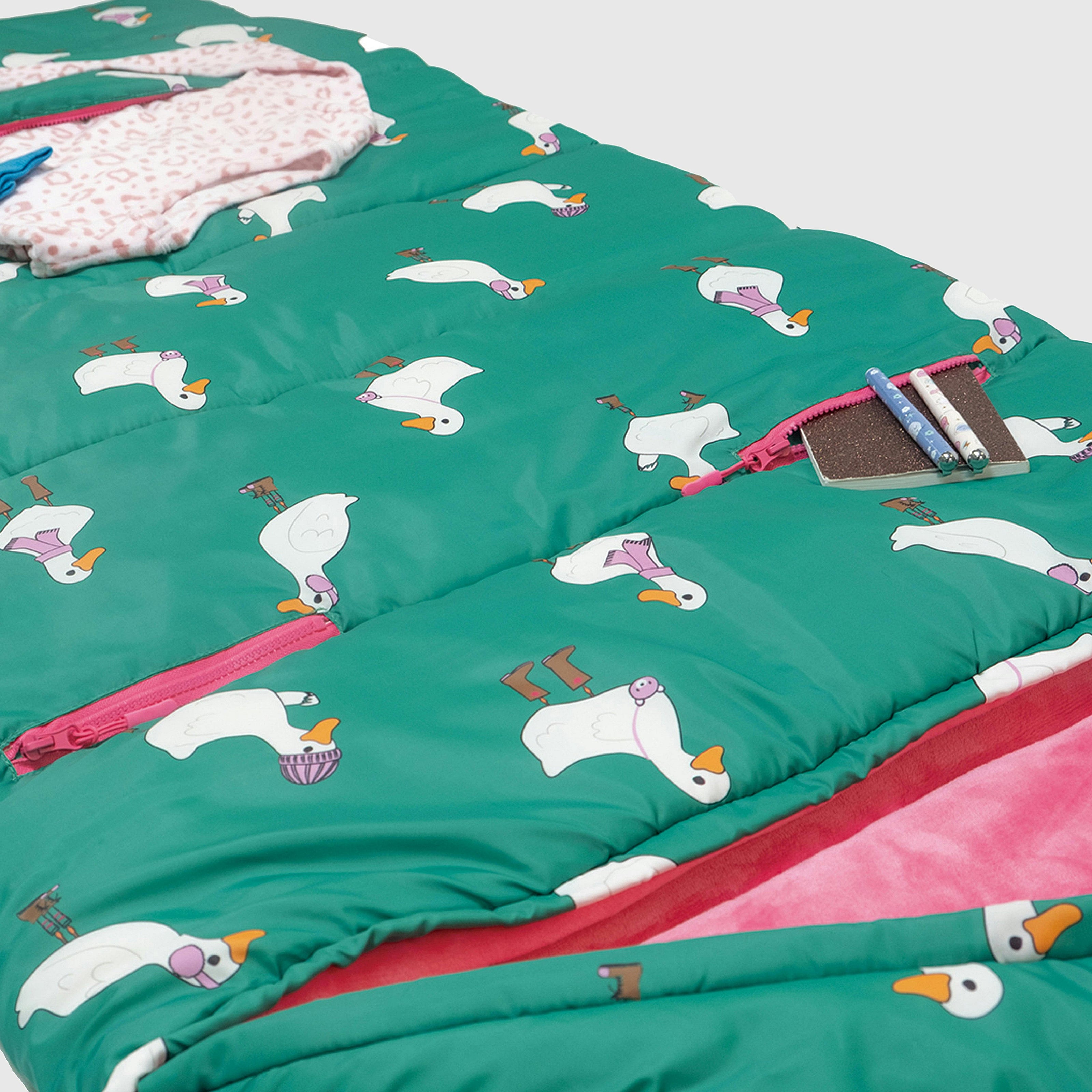 Sleep-N-Pack™ Big Kid Sleeping Bag Backpack – Silly Ducks in Golf Green