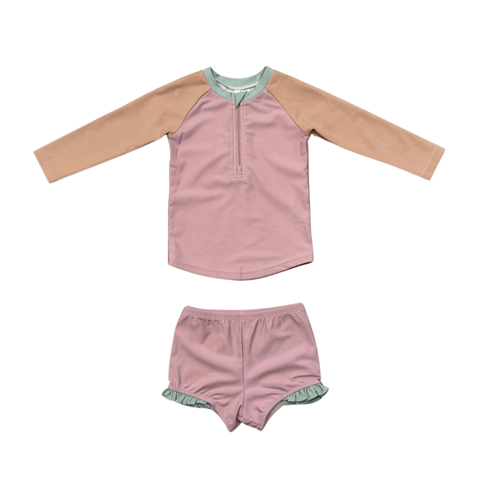 Girls Zip Rash Guard Two-Piece Swimsuit in Mauve Colorblock