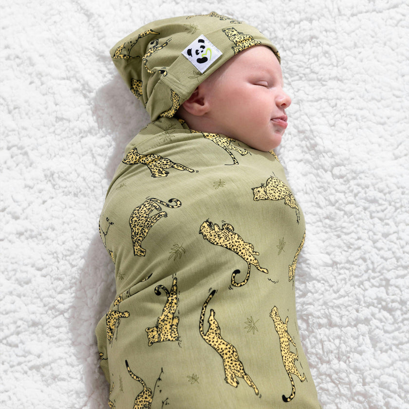 Sage & Spots Leopard Bamboo Swaddle & Beanie Set