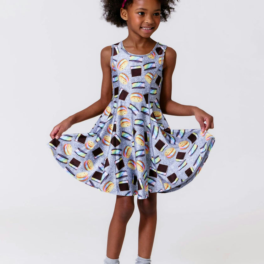 Girls Hi-Shine Skater Dress in Rainbow Ice Cream Saucers