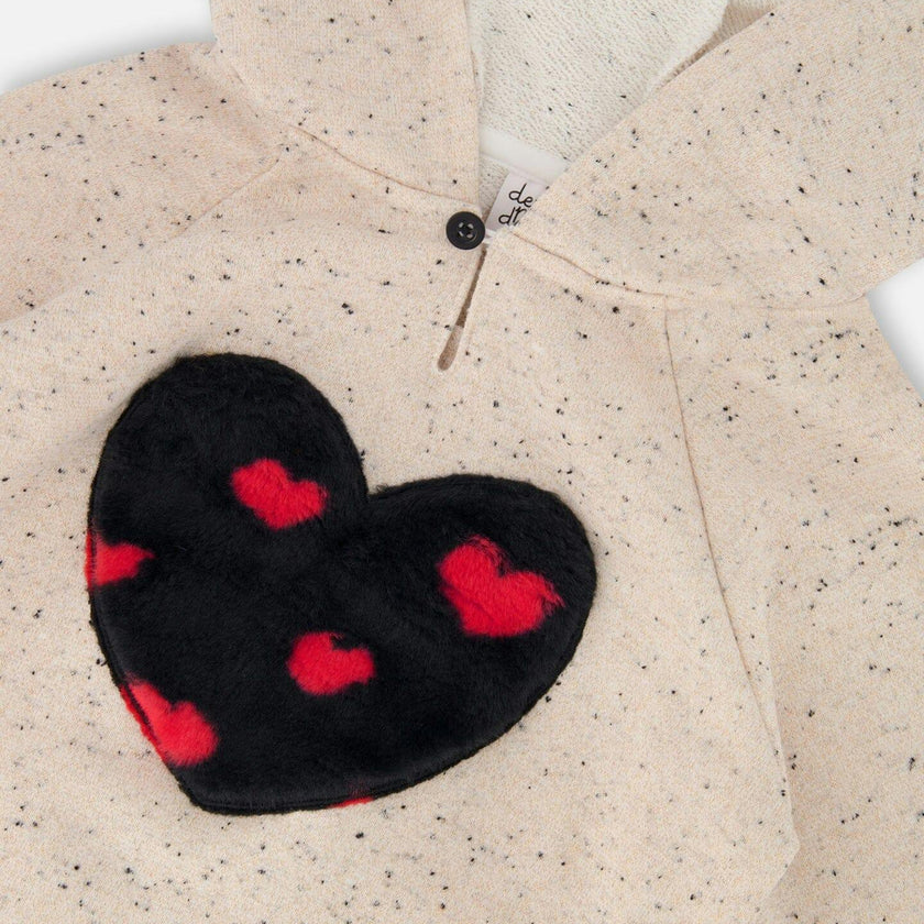 Glittering Beige French Terry Hoodie with Heart Applique
