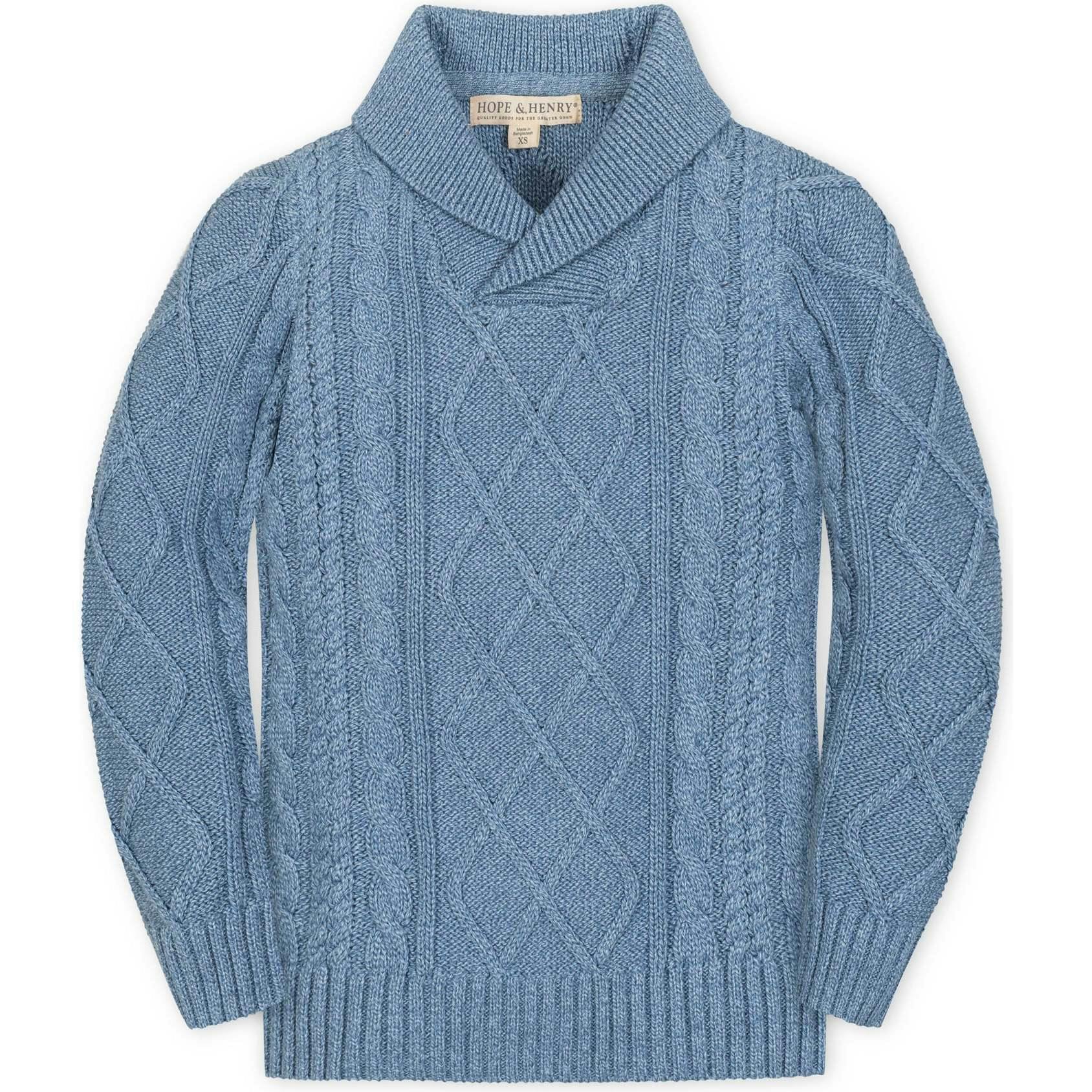 Organic Long Sleeve Shawl Collar Cable Sweater, Blue