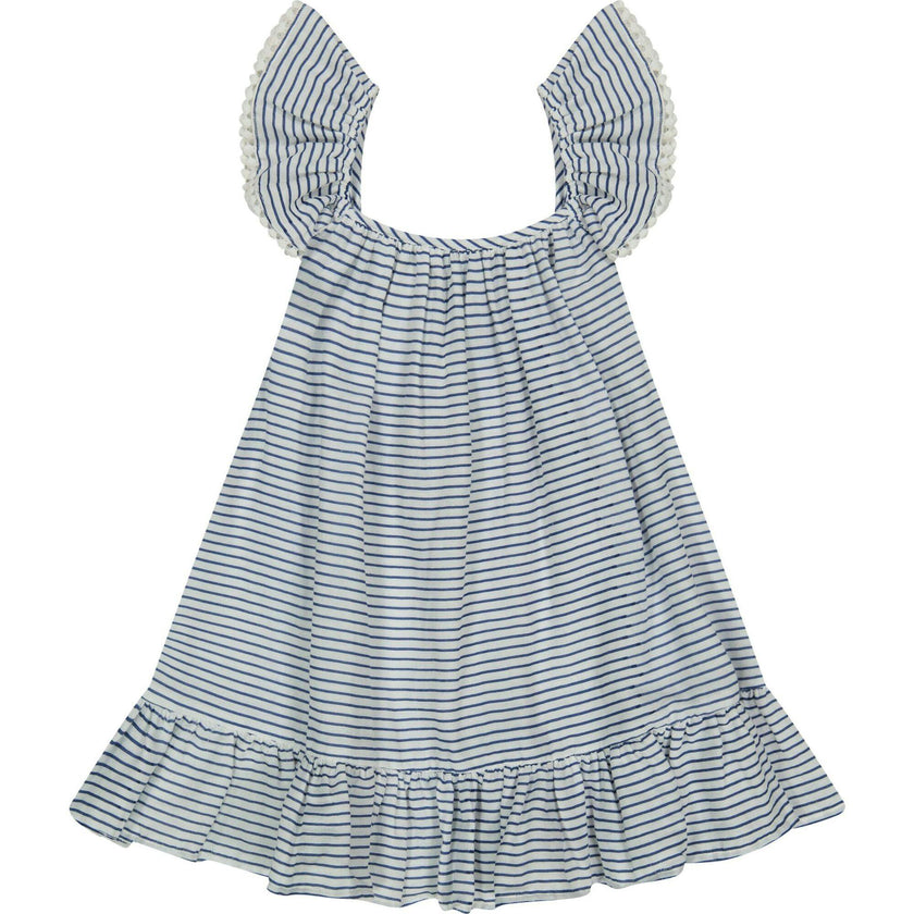 Mini Eva Girl's Ruffle Dress Marine Stripe, Blue