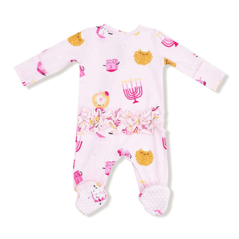 Hanukkah - Pink - Bamboo - 2 Way Zipper Ruffle Back Footie