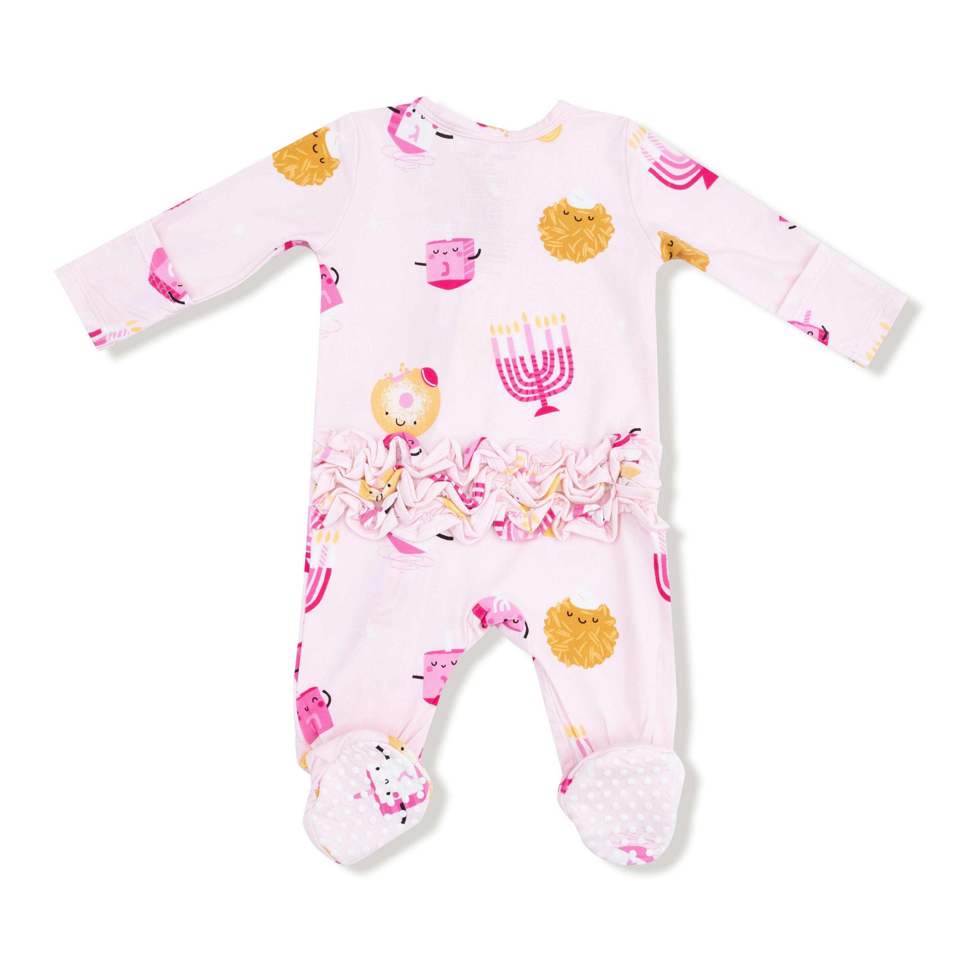 Hanukkah - Pink - Bamboo - 2 Way Zipper Ruffle Back Footie