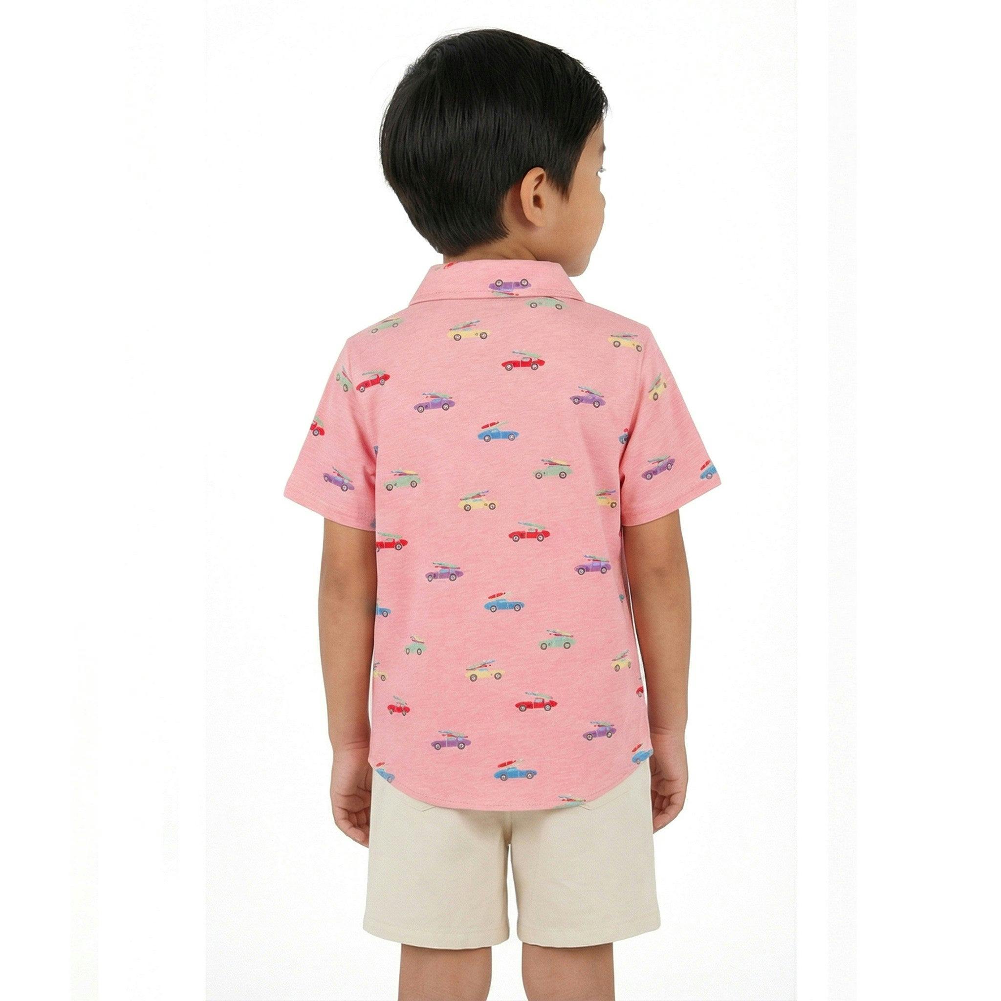 Boys Blue Printed Knit Buttondown | Orange Cars