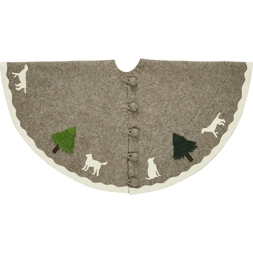 Cream Dogs and Green Trees Christmas Tree Skirt Gray Hand Felted Wool - 60" / 72" Arcadia Home