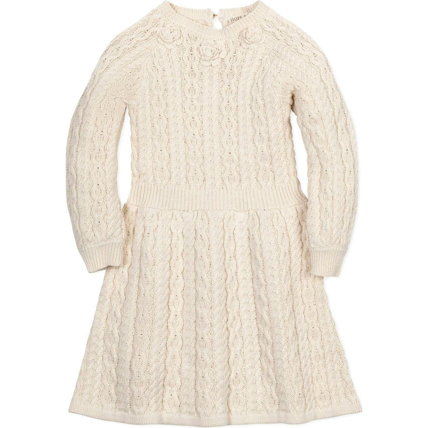 Girl's Organic Rosette Detail Cable Knit Sweater Dress, White