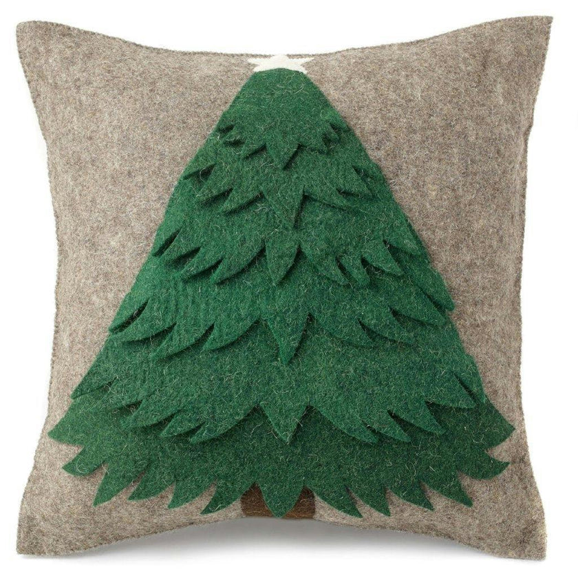 Handmade Christmas Pillow Hand Felted Wool - Green Tree Gray - 20"
