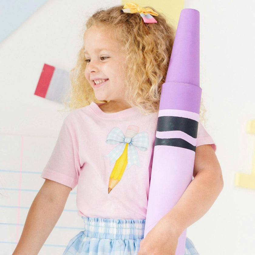 Blue Plaid Pencil Bow Short Sleeve T-Shirt