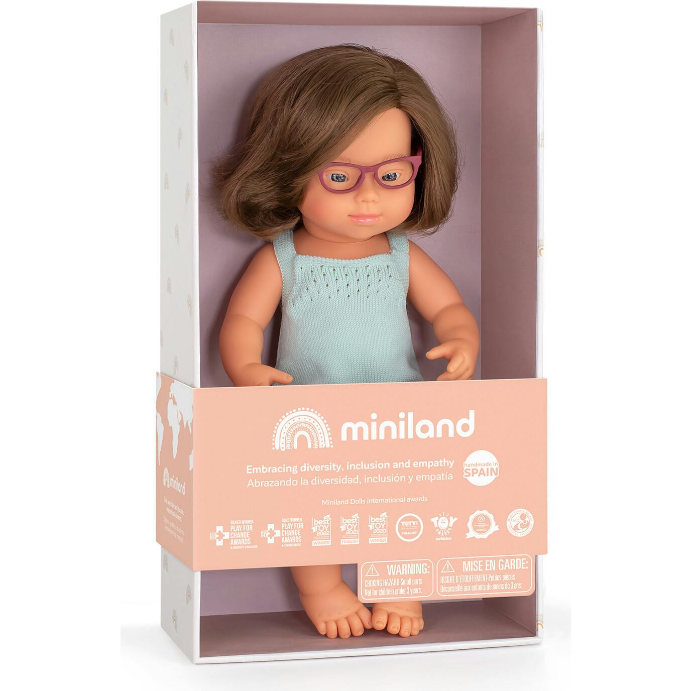 Colourful Edition Collection - Baby Doll Caucasian Girl with Down Syndrome with Glasses 15'' (turquoise rompers)