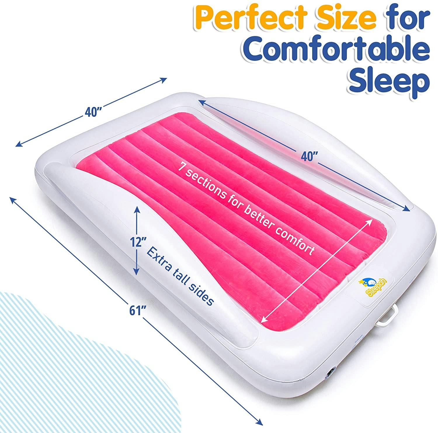 Sleepah Inflatable Toddler Travel Bed Portable Kids Air Mattress Set w Safety Bed Rail Guards for Kids & Toddlers – Set Includes Pump, Carry Case, Pillow