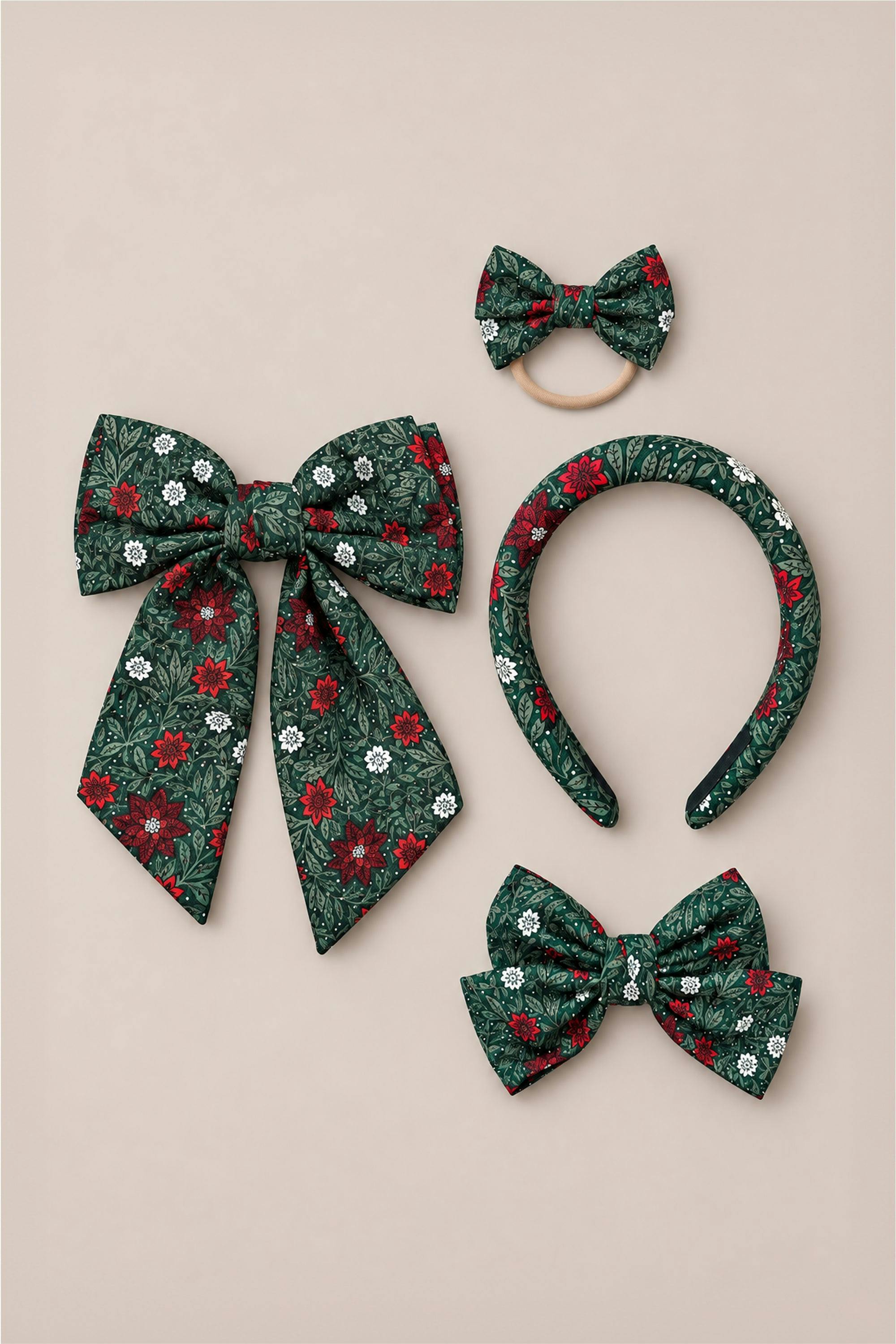 Hair Bows in Evergreen Merry Ditsy