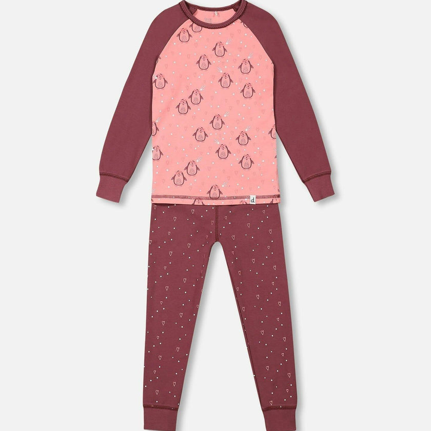 Organic Cotton Long Sleeve Two Piece Printed Penguins Pajama Set Pink