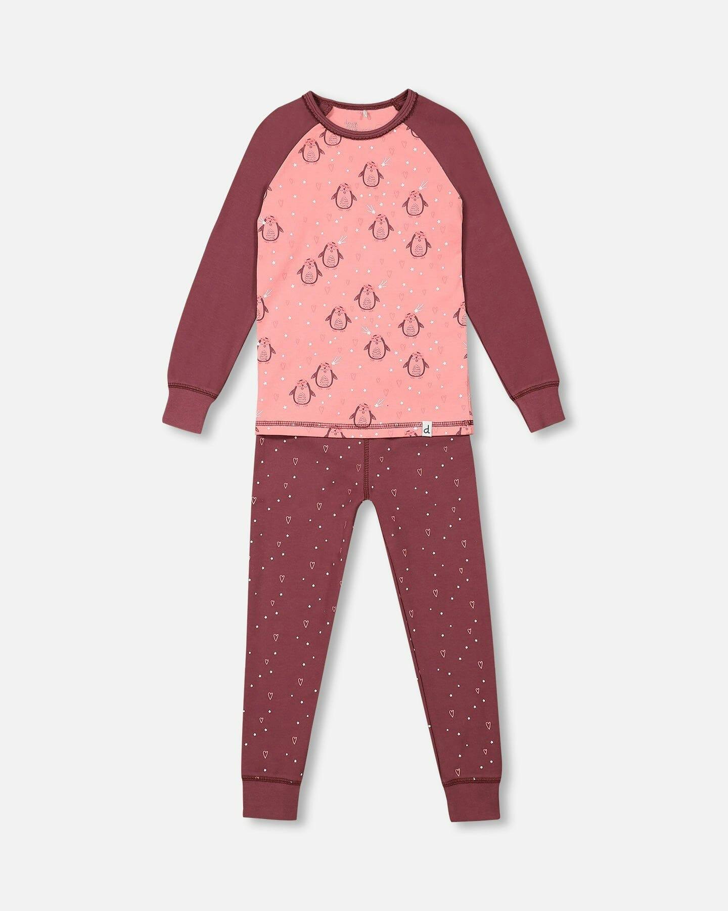 Organic Cotton Long Sleeve Two Piece Printed Penguins Pajama Set Pink