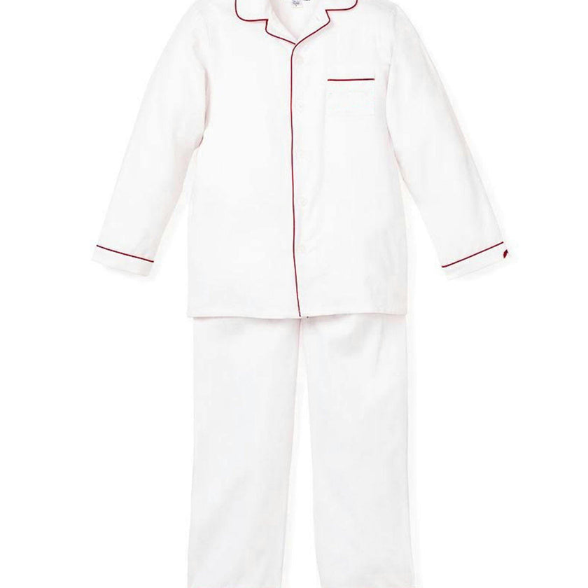 Kid's Twill Pajama Set in White with Red Piping