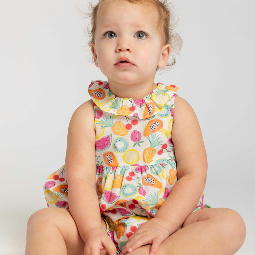 Fruit Print Romper with Neck Ruffle