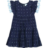 Sophie Girl's Tassel Dress Navy Turquoise Swiss Dot, Blue