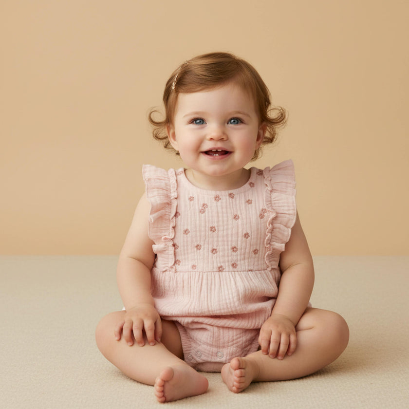 Organic Embroidered Ruffle Romper - Blush