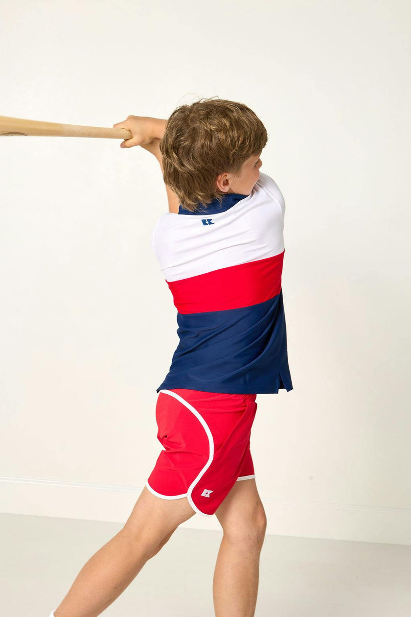 red retro super short with white piping