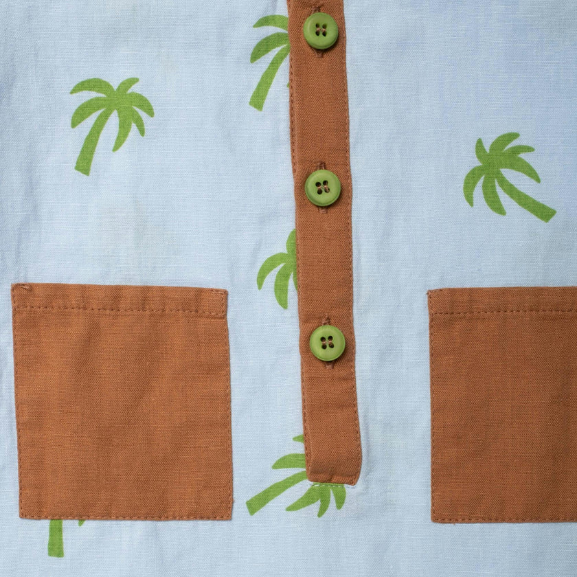 Linen Palm Tree Pocket Baby Romper