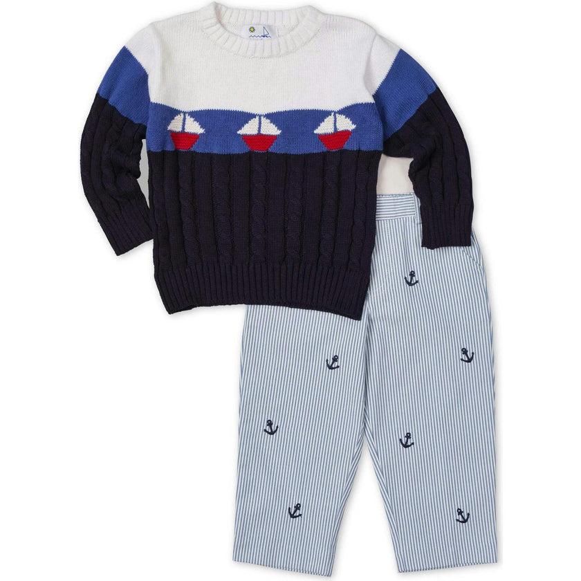 Stripe Fake Fly Pants With Anchors