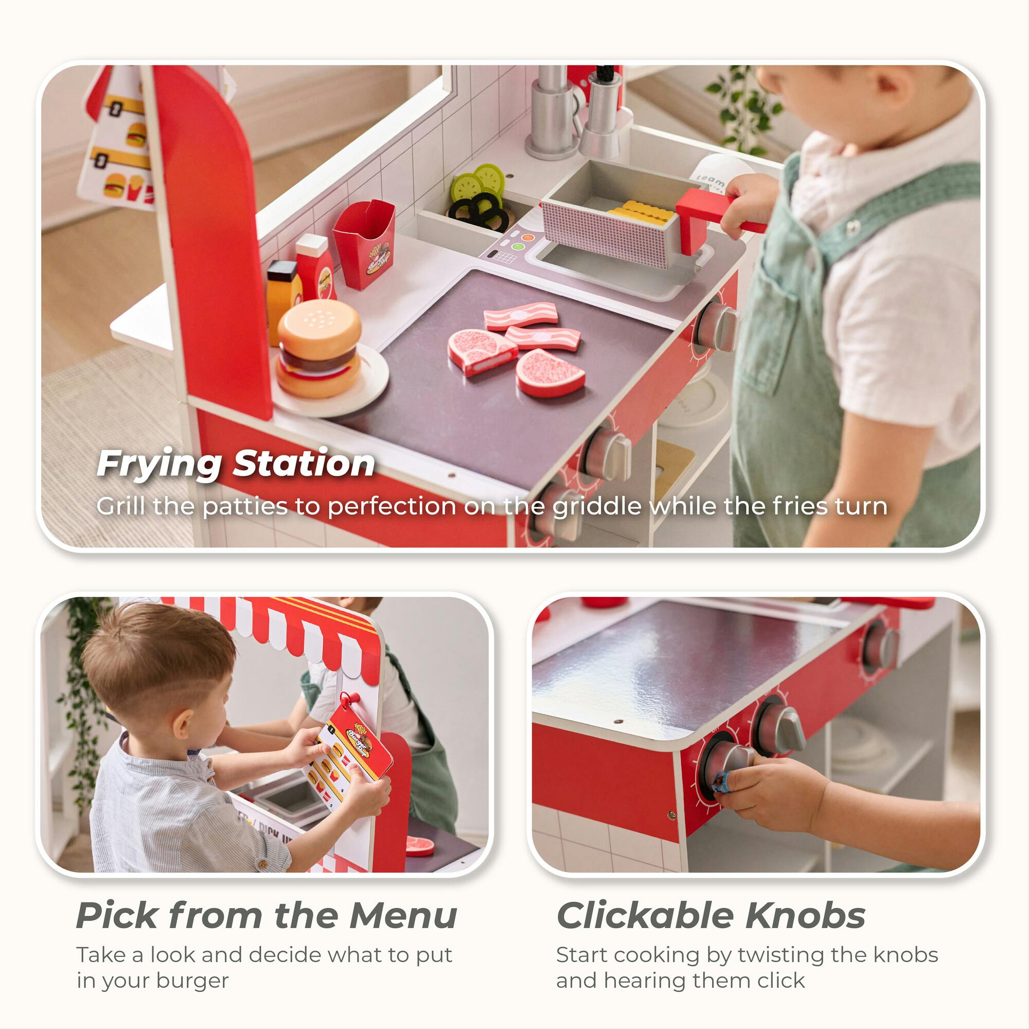 Teamson Kids Flip & Fry Wooden Burger Shop with 29 Pcs Accessories