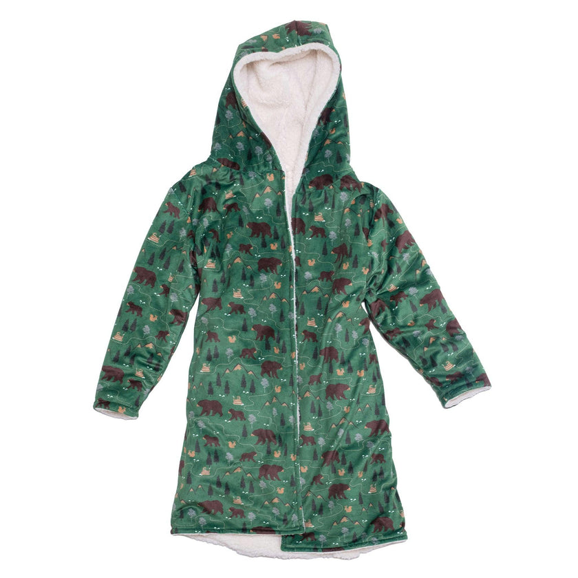 Cozy Switch Robe – Reversible Sherpa & Printed Mink Robe with Appliqué, Camping Bears