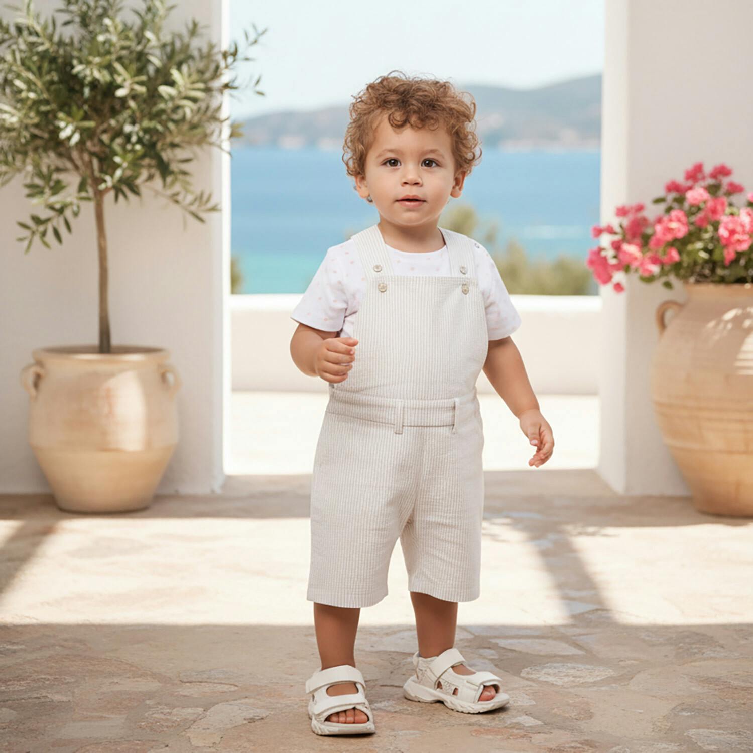 Benjamin Baby Dungaree, Beige Stripe