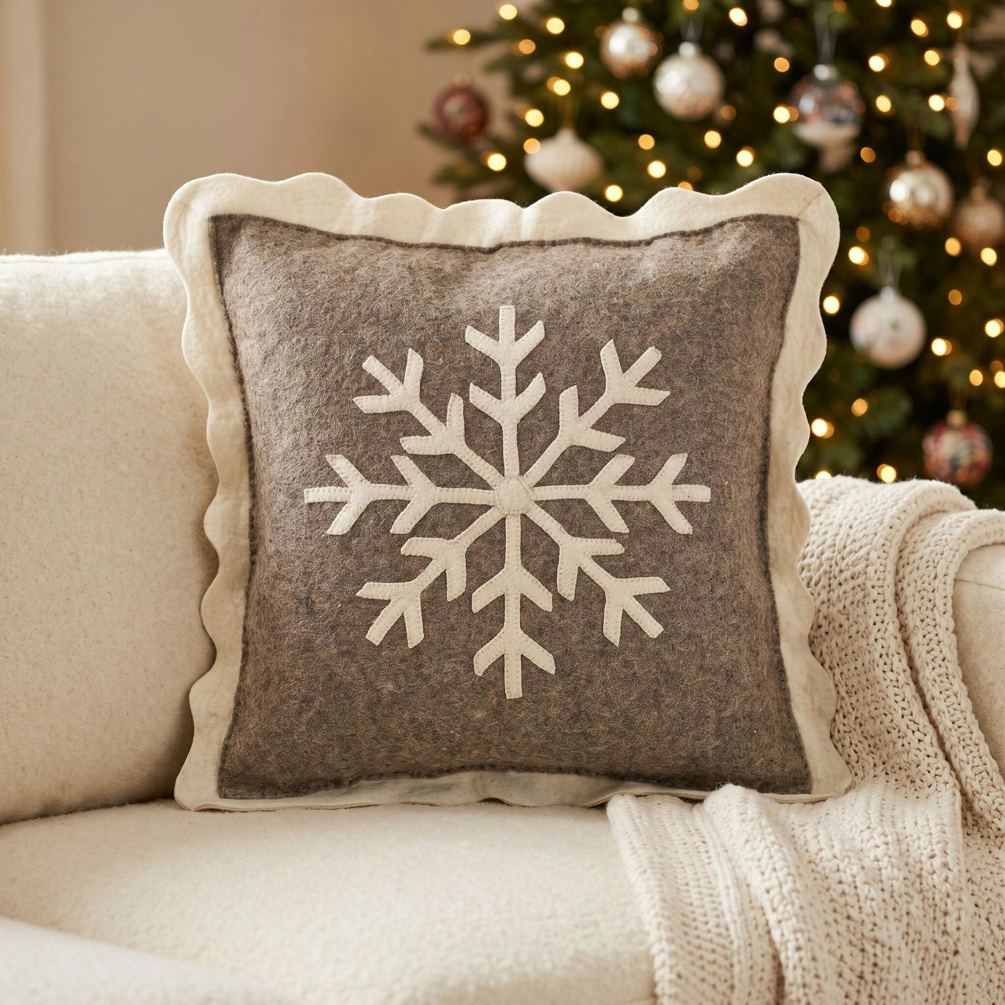 Handmade Christmas Pillow Hand Felted Wool - Big Snowflake Gray - 20