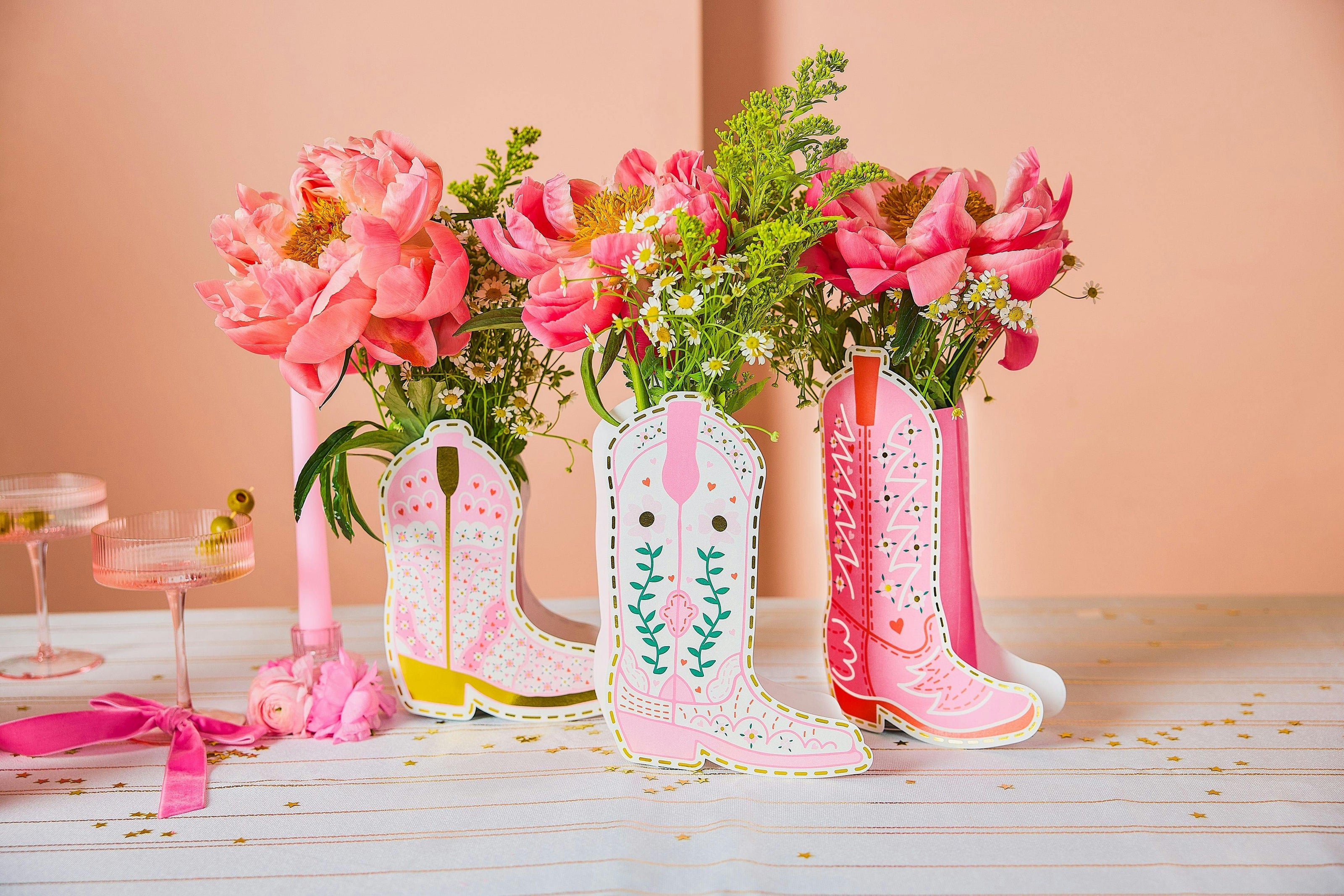 Packed Party Boot Scoot Blooms Cowboy Boot Pop-Up Vase Slip Covers Set of 3 - Multi-Size Pink Boot-Shaped Die-Cut Paper Vase Sleeves for Western Tables