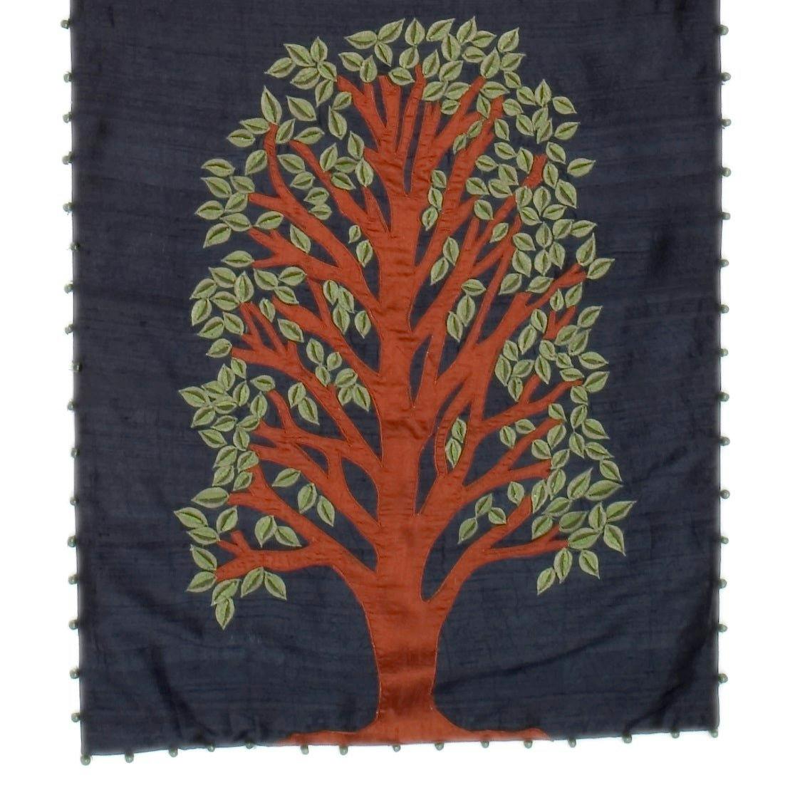 Handmade Navy Silk Table Runner Tree of Life Embroidery and Hand Beading - 18