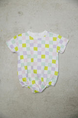 multi-checkered bubble romper
