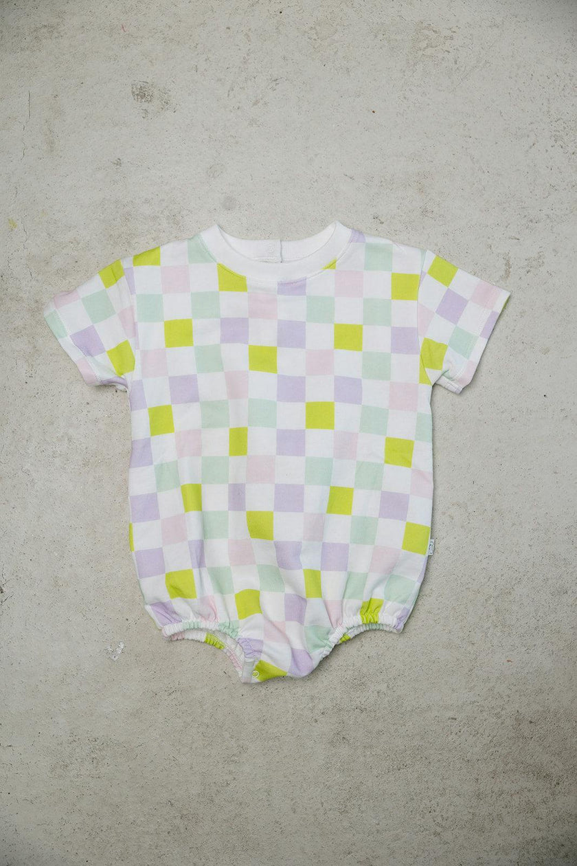 multi-checkered bubble romper
