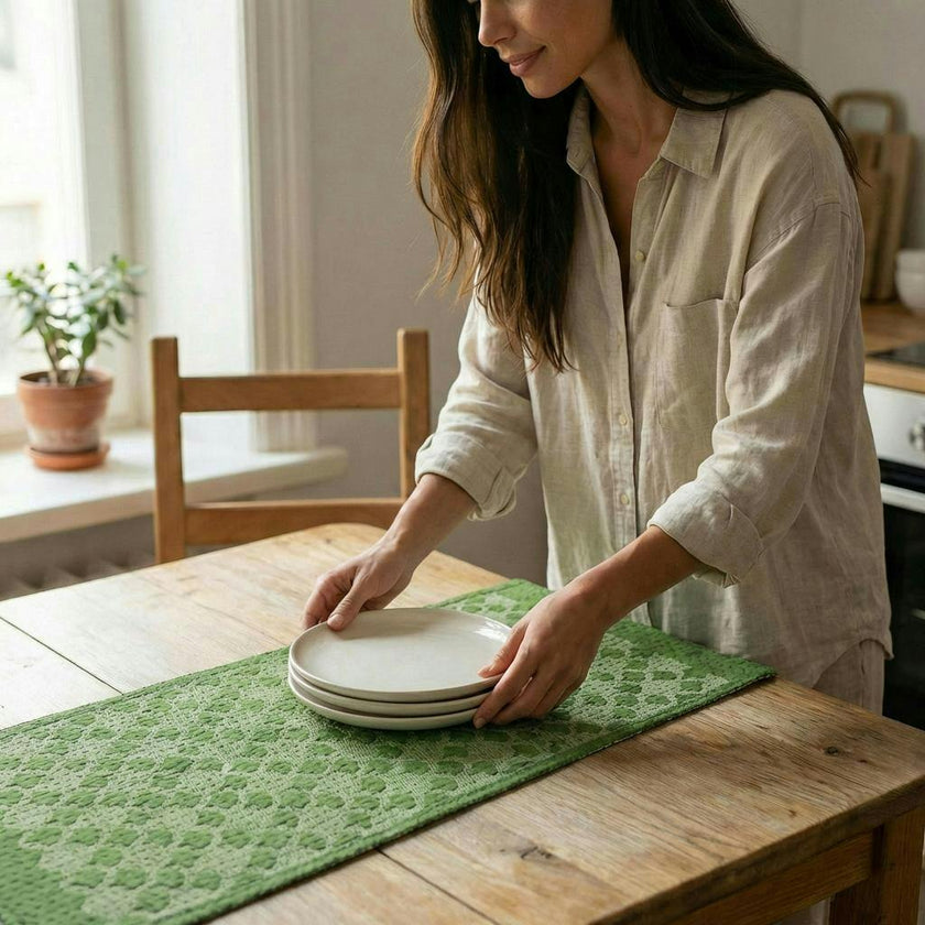 Artisan Hand Loomed Cotton Table Runner - Green Ginkgo - 18"x96" Arcadia Home