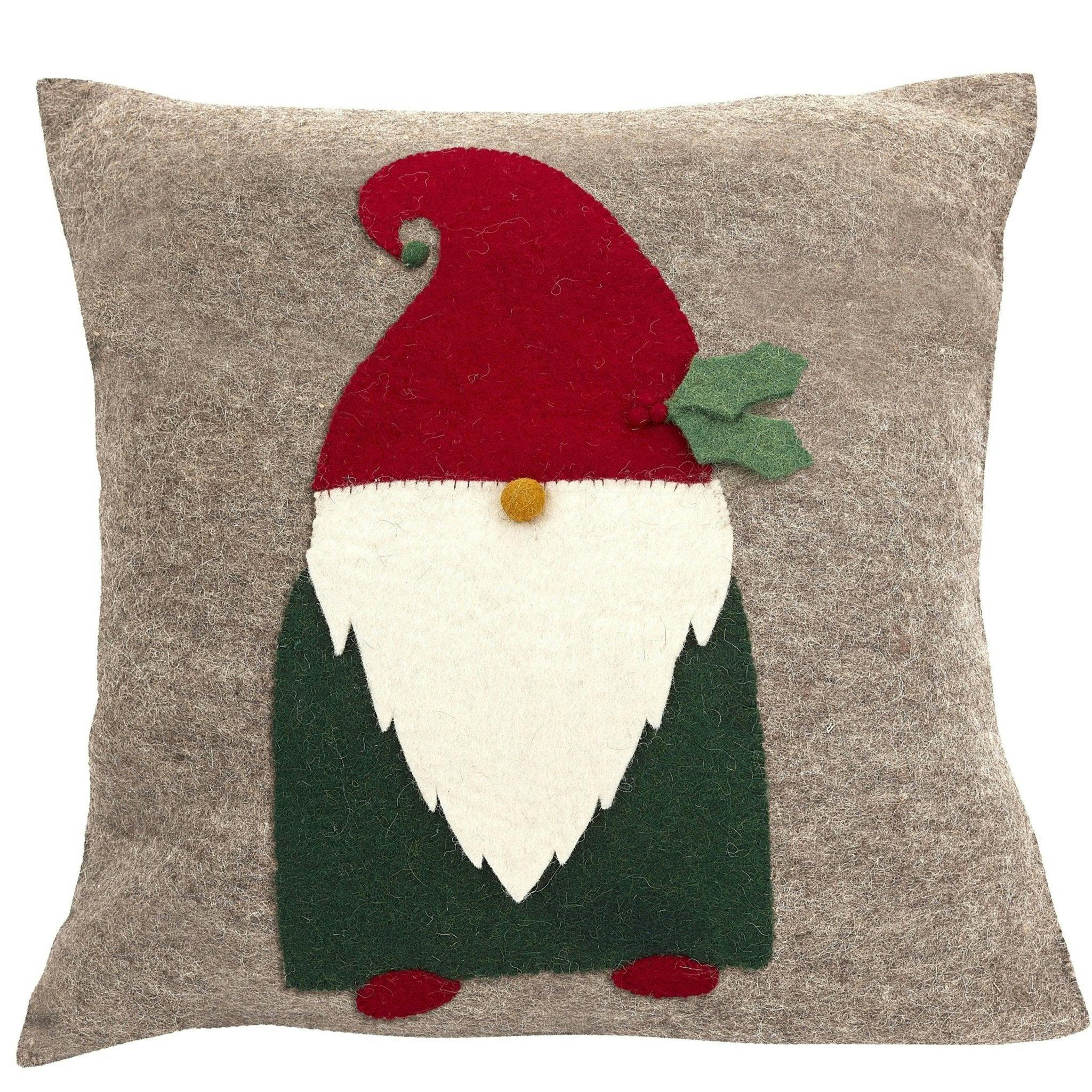 Hand Felted Wool Pillow - Gnome Red Hat Gray - 20