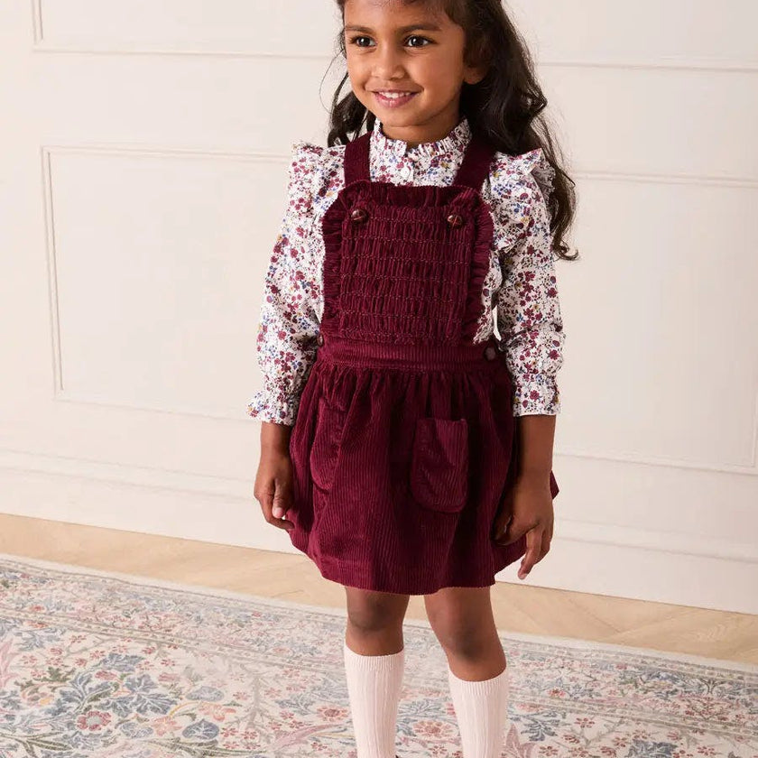 Corduroy Frill Detail Skirt with Braces in Burgundy (12mths-3yrs)
