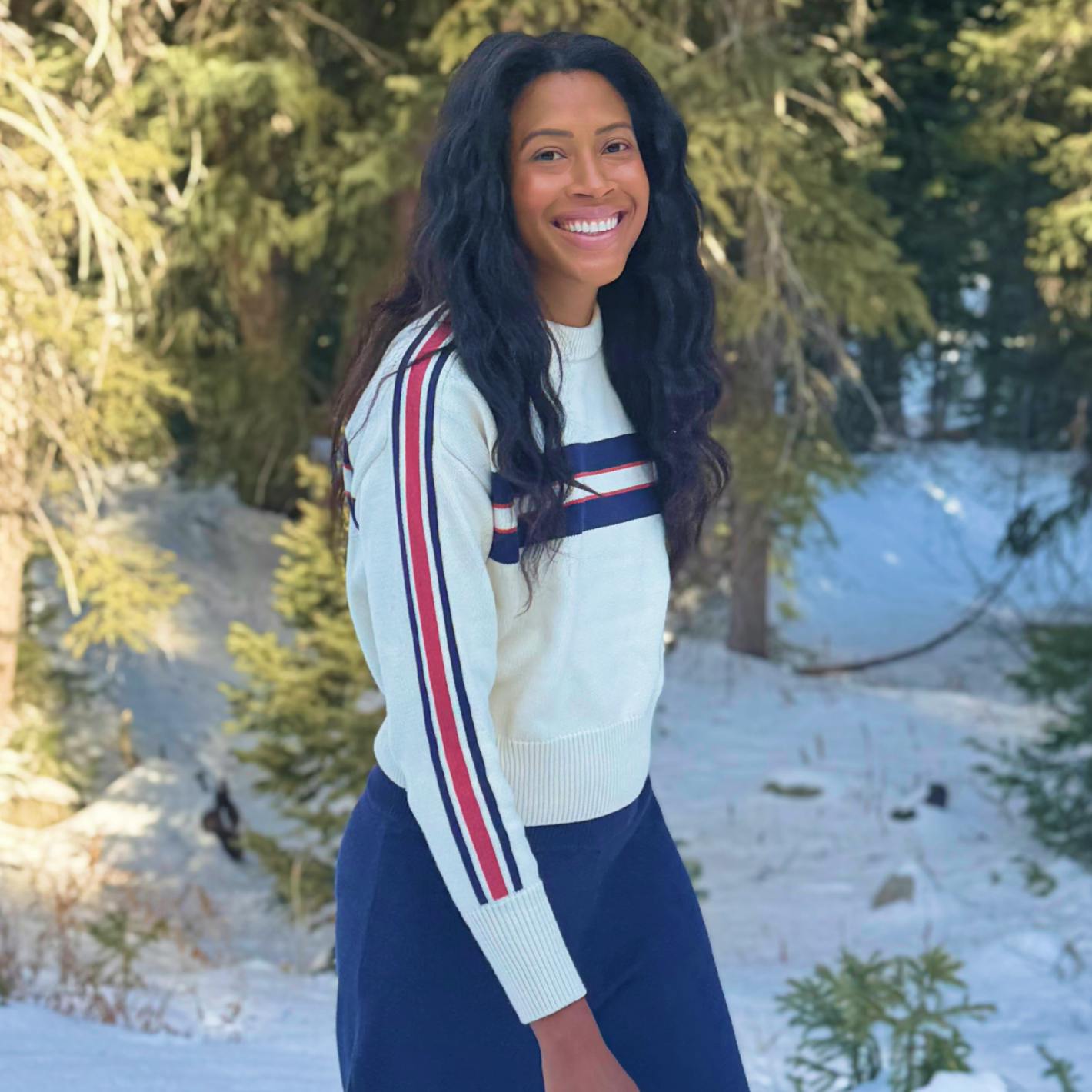 women's navy and red stripe cropped knit sweater