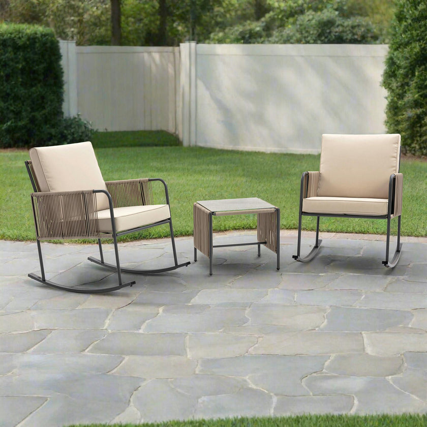 Teamson Home Steel Frame Rocking Chair Conversation Set with Rope Accent Outdoor Furniture